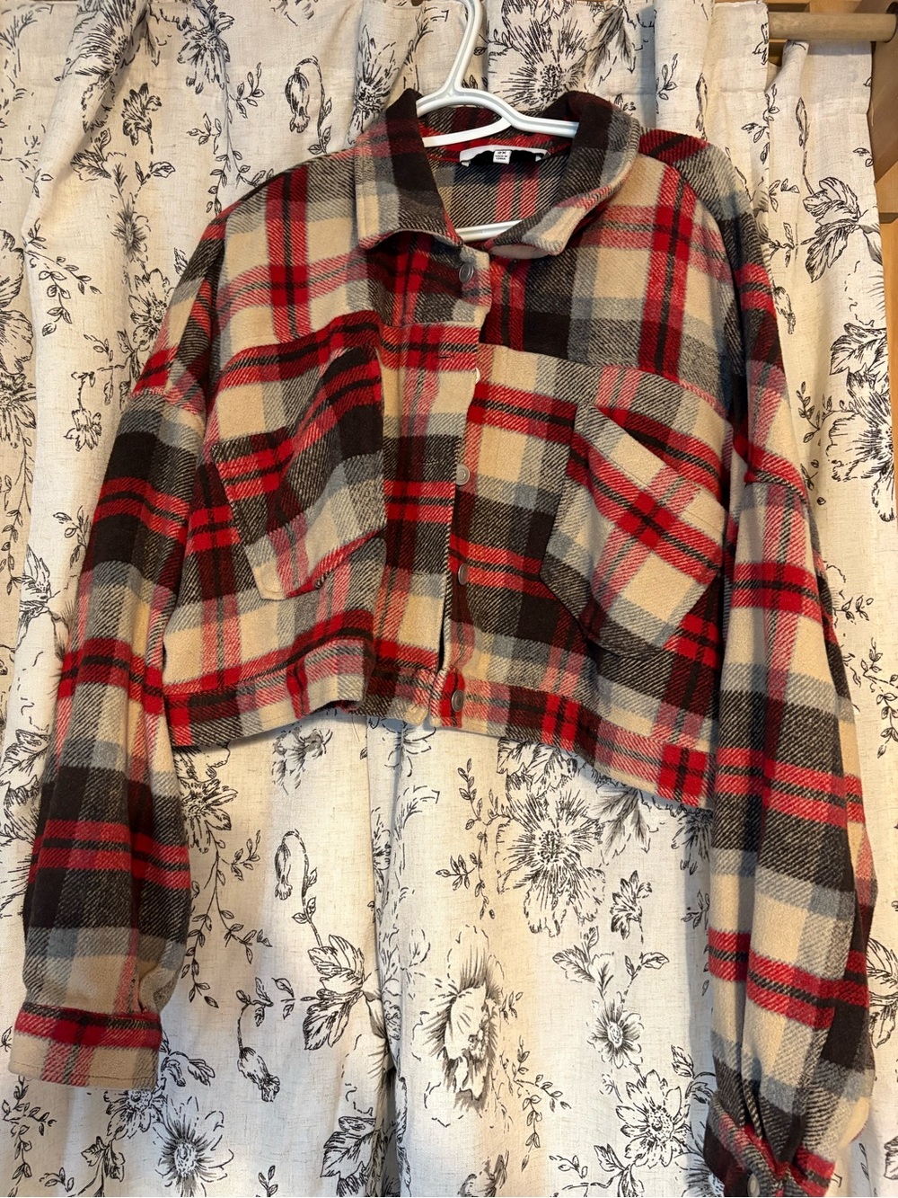 Fashion Nova Cropped Plaid Teddy Jacket - Red, Black & Cream